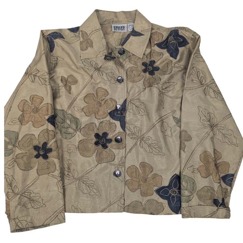 Chicos Design Silk Floral Embroidered Button Front Jacket Gold Bronze Size 1